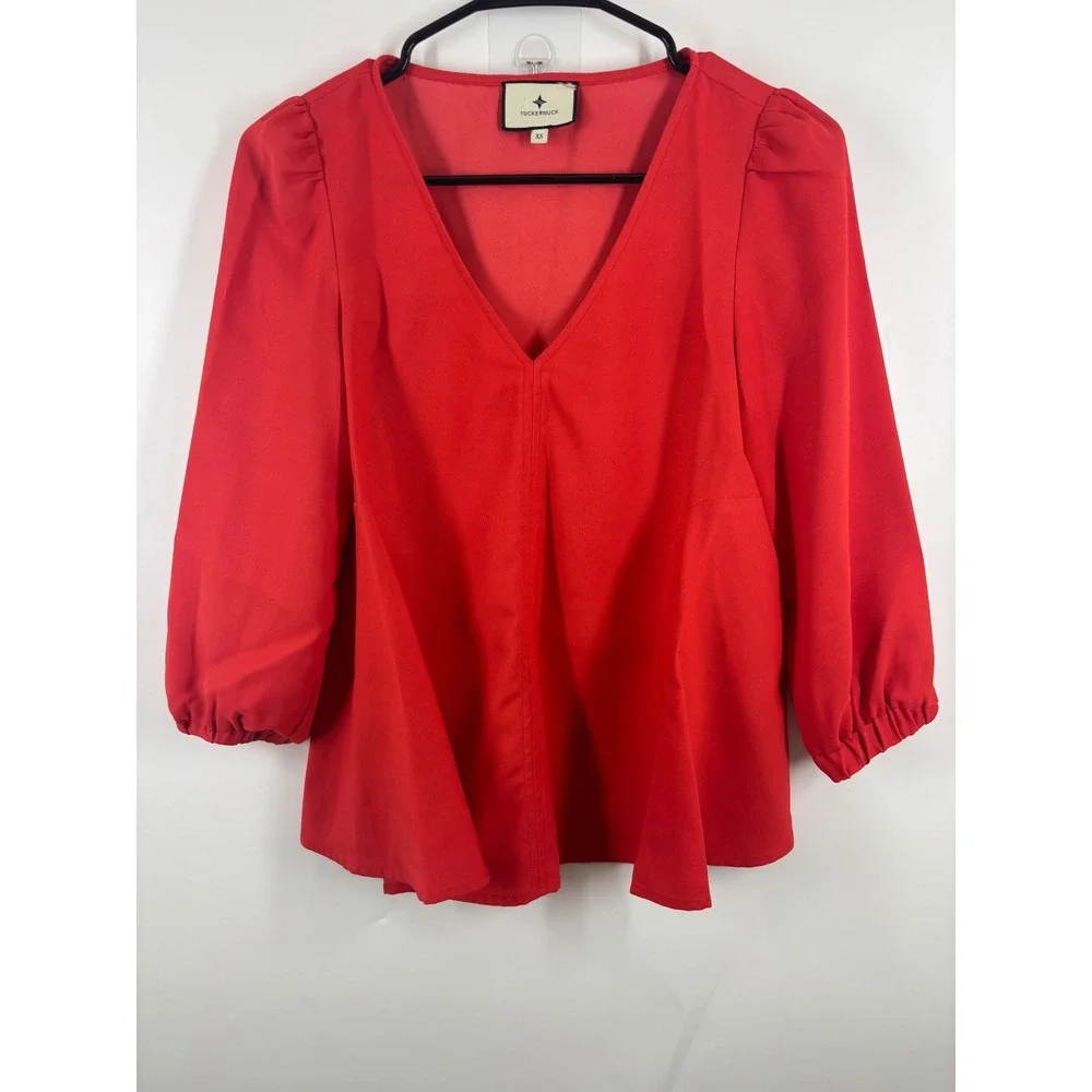 Tuckernuck Poppy Hollis Red V-Neck Puff Sleeve Peplum Blouse Top Womens XS